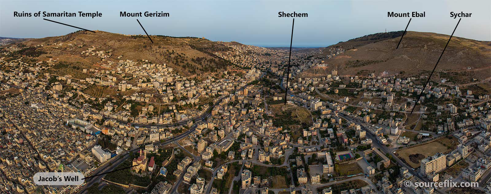 Aerial view of location of Shechem (modern Nablus) between Mounth Gerazim and Mount Ebal