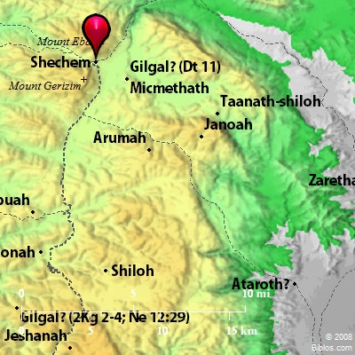 Map showing location of Shechem, between Mount Ebal and Mount Gerazim